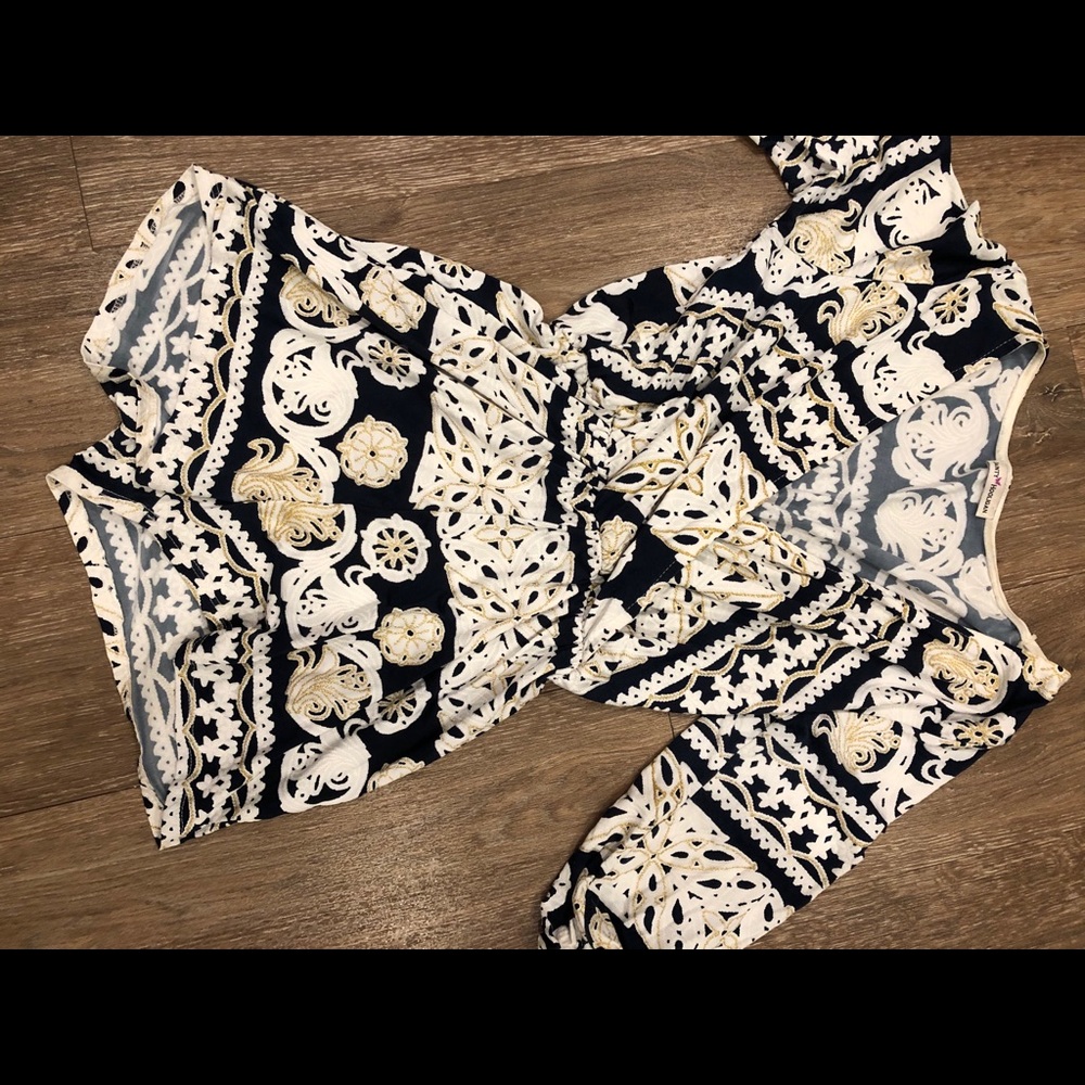 Blue/White/Gold 3/4 sleeve romper